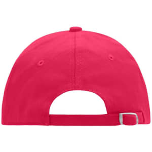 A pink six-panel cap with a back strap and an adjustable closure, featuring a logo.