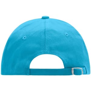 A bright turquoise 6 panel cap featuring an adjustable strap at the back and a logo.