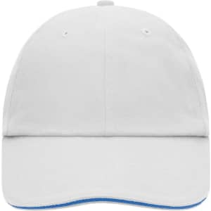 A white 6-panel cap with a curved brim and blue underbrim, featuring a logo on the front.