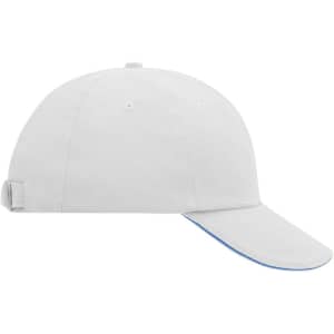 A white six-panel cap with a curved brim and a logo on the side. The inner brim has a blue accent.