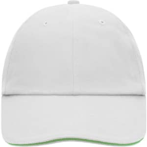 A white 6-panel cap featuring a green underbrim and a logo on the front.