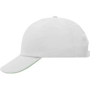 A white six-panel cap with a green underbrim and a logo. Features a structured design and adjustable strap at the back.