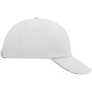 A white 6-panel cap with a green underbrim and an adjustable strap at the back, featuring a logo.