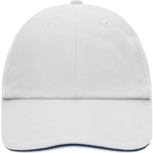 A white six-panel cap with a curved brim and a logo on the front.
