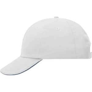 A white 6 panel cap with a curved brim and an adjustable strap at the back, featuring a logo.