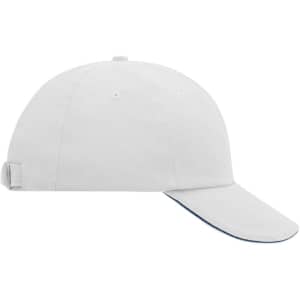 A white six-panel cap with a curved visor and an adjustable strap at the back, featuring a logo.