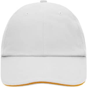 A 6-panel cap in white with an orange underbrim and a logo. Suitable for casual wear.