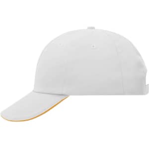 A white six-panel cap with an orange underside to the brim and a logo on the front.