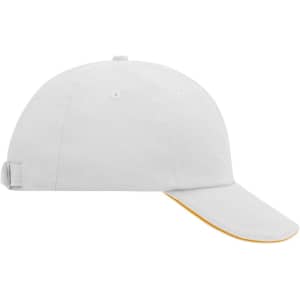A white six-panel cap with a curved brim and yellow underside, featuring an adjustable strap and a logo.
