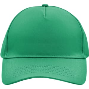 A green 5 panel cap with a structured design and a curved brim, featuring a logo on the front.