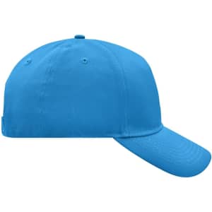 A bright blue 5 panel cap with a solid design and a logo on the side.