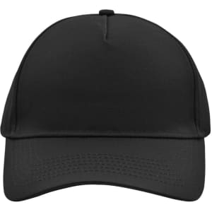 A five-panel cap in solid black with a curved brim and a logo on the front.
