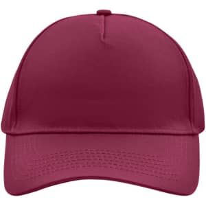 A maroon 5 panel cap with a flat peak and an interior logo. It's designed for casual headwear.
