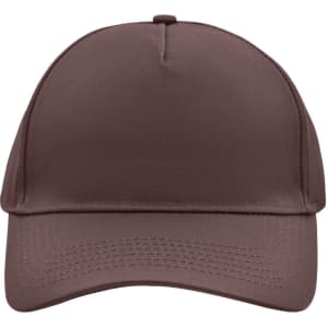 A brown 5 panel cap with a curved brim and stitching details. The cap features a logo on the front.