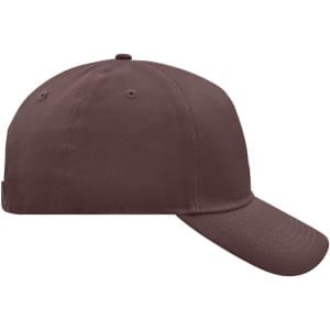 A burgundy 5 panel cap with a curved brim and a logo. The design is simple and stylish.