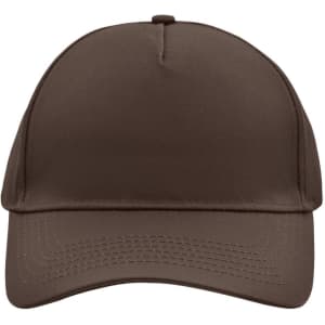 A brown 5 panel cap with a curved brim and a plain design, featuring a logo on the front.