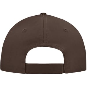 A brown 5 panel cap featuring a straightforward design and an adjustable strap at the back.