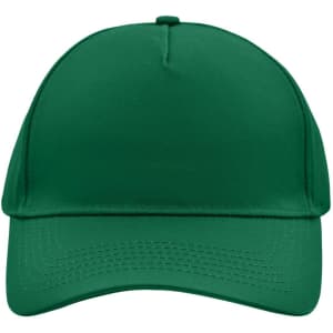 A green 5 panel cap with a structured front and a curved brim. It features a logo on the front.