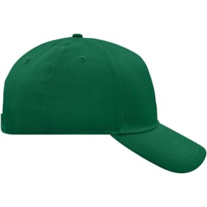 A green 5 panel cap with a curved brim and an adjustable strap at the back, featuring a logo.