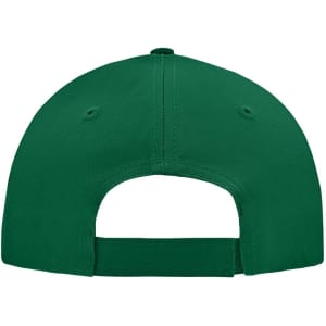 A green 5 panel cap featuring a strap closure and ventilation holes at the back. The cap includes a logo.