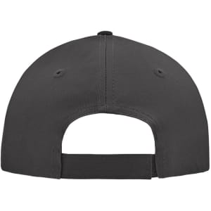A black 5-panel cap featuring a rear adjustable strap and ventilation eyelets. Contains a logo on the side.