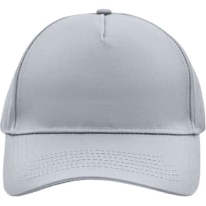 A grey 5 panel cap with a curved brim and a logo on the front.