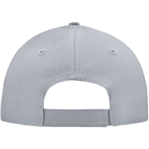 A grey 5 panel cap featuring a back strap and ventilation holes. The cap includes a logo.