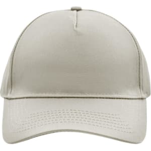 A 5-panel cap in a light grey colour, featuring a plain design and a stitched brim. It has a logo on the front.