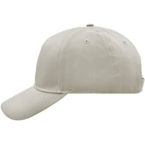 A beige 5 panel cap featuring a curved brim and a rear adjuster, with a logo on the side.