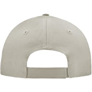 A beige 5 Panel Cap featuring an adjustable strap and ventilation holes on the back. It includes a logo.