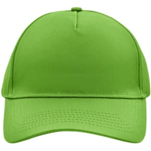 A bright green 5 panel cap with a curved brim and a structured front section. It features a logo on the side.