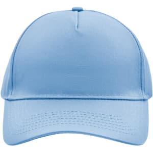 A light blue 5 panel cap with a logo, featuring a curved brim and a structured front.