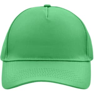 A bright green 5 panel cap featuring a structured design and a curved brim. It has a brand logo on the front.