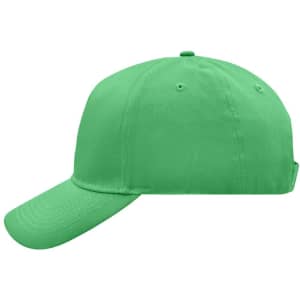 A green 5-panel cap with a curved brim and a logo on the side.