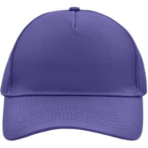 A purple 5 panel cap with a structured design and a visor. The cap features a logo on the front.