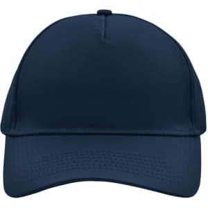 A navy 5 panel cap with a smooth fabric surface and a curved brim, featuring a logo on the front.