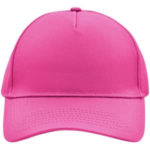 A pink 5 panel cap featuring a curved brim and an empty front panel, with a logo on the side.