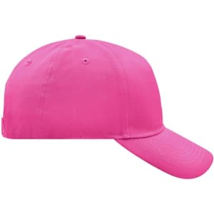 A pink 5 panel cap with a curved brim and an adjustable strap at the back. It features a logo.