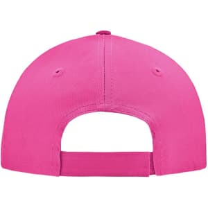 A bright pink 5 panel cap featuring a branding logo and an adjustable strap at the back.