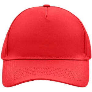 A red 5 panel cap with a curved brim and a smooth finish, featuring a logo on the front.