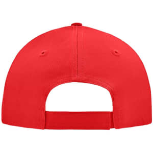 A red 5 panel cap featuring a logo on the back and an adjustable strap for fitting.