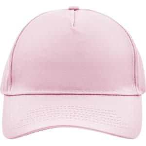 A pink 5 panel cap featuring a structured design and a curved brim. It includes a logo on the front.