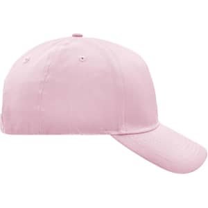 A pink 5 panel cap featuring a curved brim and a logo on the side. Ideal for casual headwear.