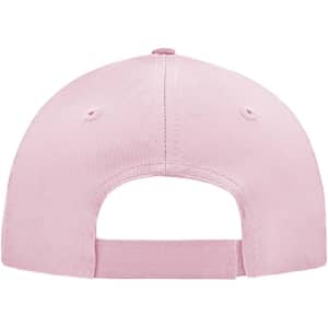 A pink 5 panel cap with a rear adjustable strap and ventilation eyelets.