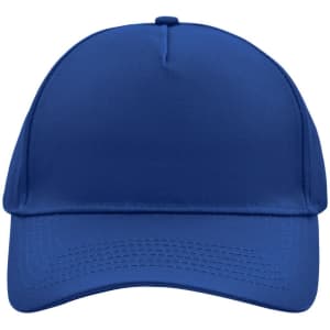 A blue 5 panel cap with a curved brim and an adjustable strap at the back. It features a logo on the front.