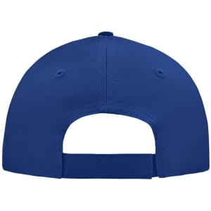 A blue 5 panel cap with adjustable strap at the back and a logo on the side.