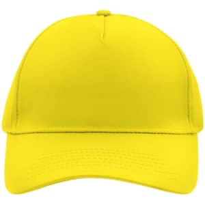 A bright yellow 5 panel cap featuring a curved visor and a logo on the front.