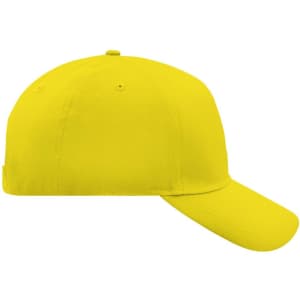 A bright yellow 5 panel cap with a curved brim and a logo on the front.