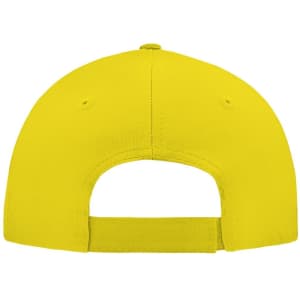 A vibrant yellow 5 panel cap featuring a back adjustment strap and ventilation holes. It has a logo on the side.