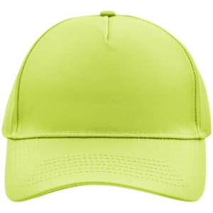 A bright lime green 5 panel cap with a curved brim and a logo. Ideal for various outdoor activities.